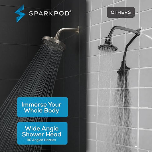 SparkPod Rain Shower Head, 6 Inch Round, Elegant Brushed Nickel Finish | High Pressure Shower Heads, 90 Nozzles, Adjustable Showerhead, No Tools Needed, Universal Connection