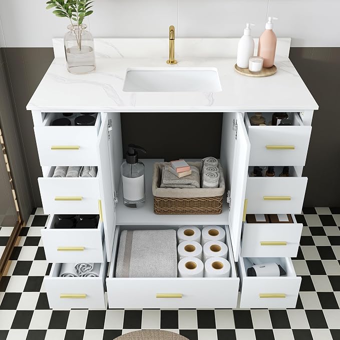 42 Inch Bathroom Vanity with Sink&Countertop,Carrara White Quartz Vanity Top with Sink&Backsplash,White Bathroom Cabinet Set with 2 Doors and 9 Drawer(Single Hole)