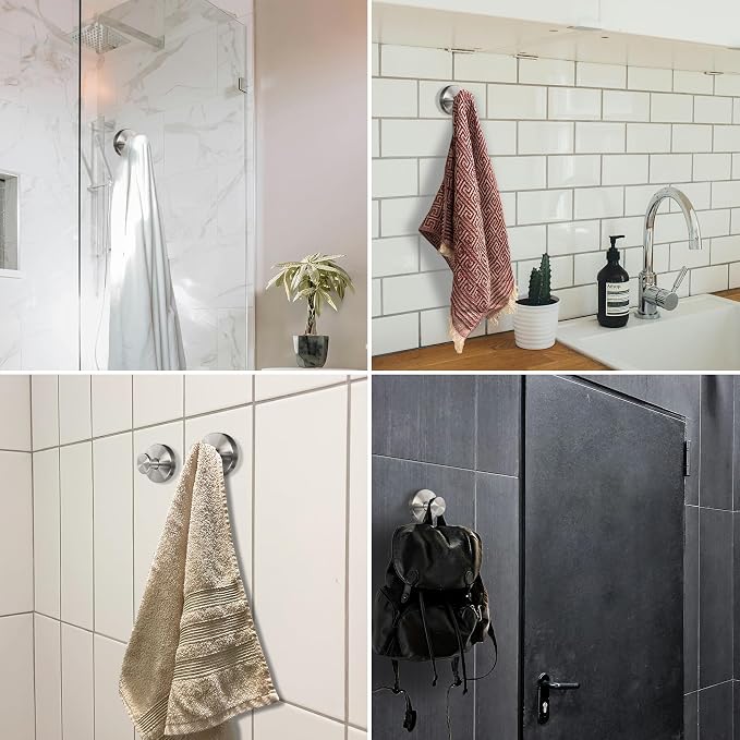 Suction Cup Hooks for Shower - 4 Pack, White - Stainless Steel, Strong Suction, No Drill, Removable Hanger, Tile Bathroom Kitchen Wall, Glass Door, Mirror Hook Hanging Robe, Towel Holder