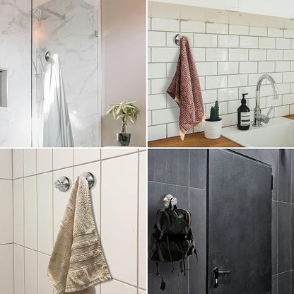 Suction Cup Hooks for Shower - 4 Pack, White - Stainless Steel, Strong Suction, No Drill, Removable Hanger, Tile Bathroom Kitchen Wall, Glass Door, Mirror Hook Hanging Robe, Towel Holder