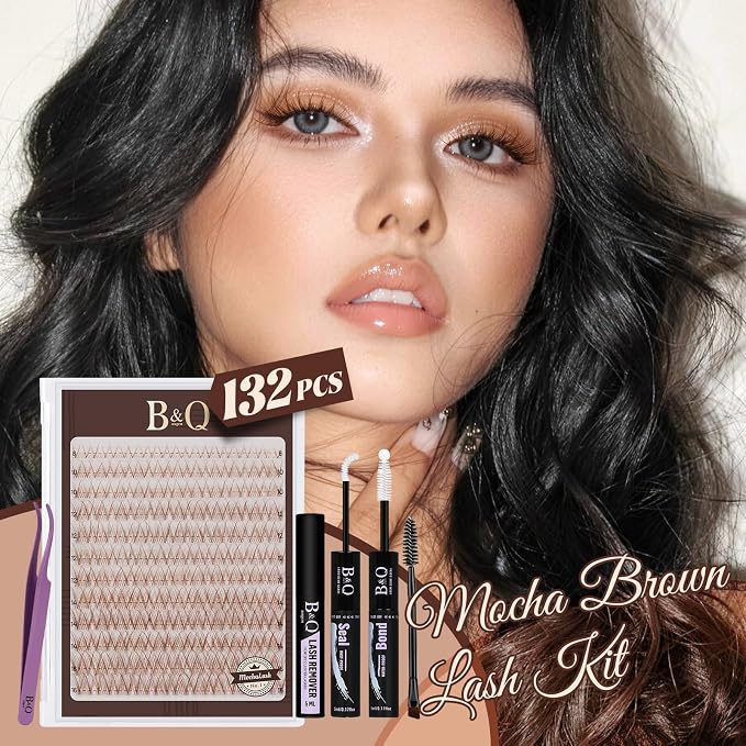 B&Q Brown Lash Clusters Kit Natural Mochalash Clusters 01, Brown Eyelash Clusters Kit C-Curl Cluster Eyelash Extensions 8-16mm Wispy Lash Eyelashes Kit for Fair/Dark Hair(Mochalash 01 Set)