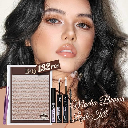 B&Q Brown Lash Clusters Kit Natural Mochalash Clusters 01, Brown Eyelash Clusters Kit C-Curl Cluster Eyelash Extensions 8-16mm Wispy Lash Eyelashes Kit for Fair/Dark Hair(Mochalash 01 Set)