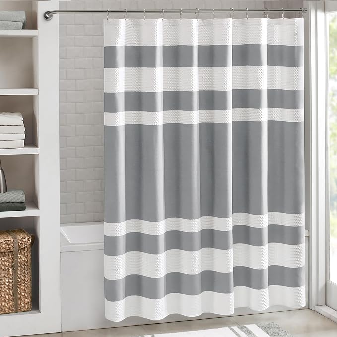Madison Park Spa Waffle Shower Curtain Pieced Fabric with 3M Scotchgard Moisture Management Modern Home Bathroom Decorations, Wide 108"x72", Grey | Striped, Pieced Fabric Design, 3M Scotchgard Moisture Management, Hotel Quality, Modern, for Bathroom, O...