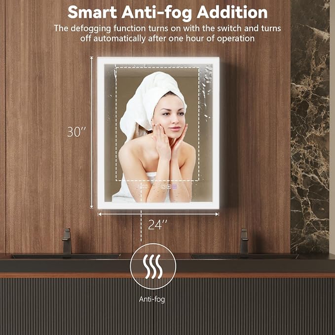 24 in. W Smart Lighted Medicine Cabinet with Mirror for Bathroom, Recessed/Surface Mount Medicine Cabinet with Anti-Fog, 1800W Charging Station, USB Ports, 3 Color Lights, Left Open