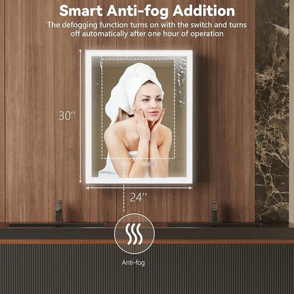 24 in. W Smart Lighted Medicine Cabinet with Mirror for Bathroom, Recessed/Surface Mount Medicine Cabinet with Anti-Fog, 1800W Charging Station, USB Ports, 3 Color Lights, Left Open