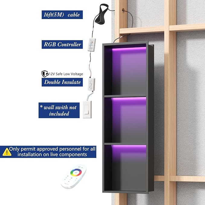 3-Tiers 12x36Inch Wall Niche with RGB LED Light Strips, Matte Black Shower Niche Shelf Cabinet, Stainless Steel Bathroom Shelf, NO Tile Needed Recessed Waterproof Storage Organizer
