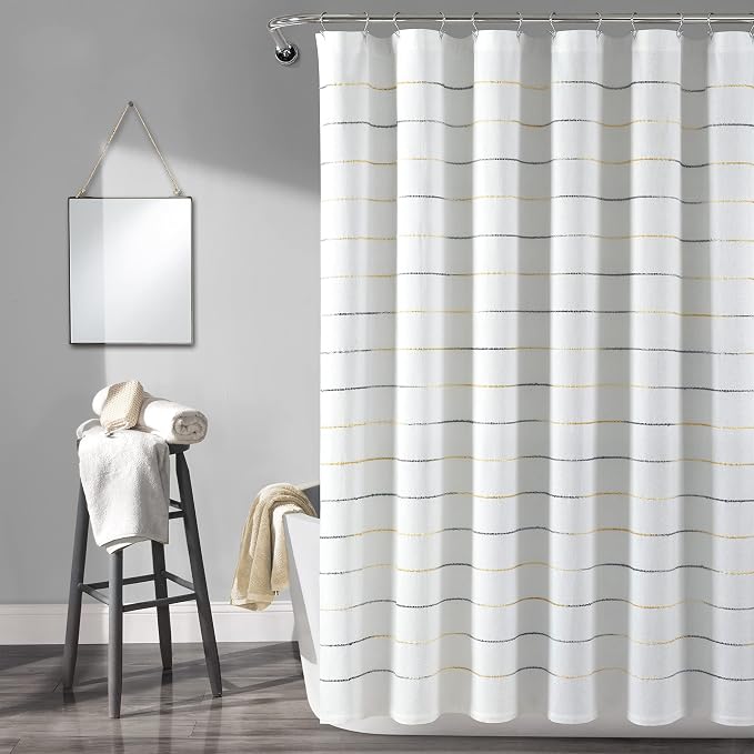 Lush Decor Ombre Stripe Yarn Dyed Cotton Shower Curtain, 72" W x 72" L, Yellow & Gray - Fabric Shower Curtains - Striped Bathroom Curtain - Farmhouse & Coastal Decor
