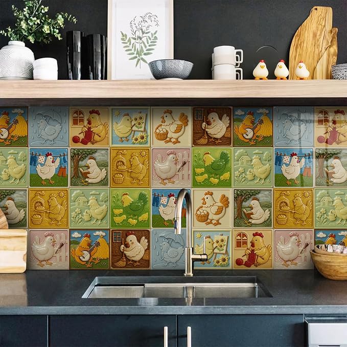 Easy Peel Stick wall Tile Stickers 6x6in Stick on backsplash Tiles,12Pcs | removable 3D tile for kitchen RV bathroom laundry backsplash decor,Ultra-high-definition printed hen pattern