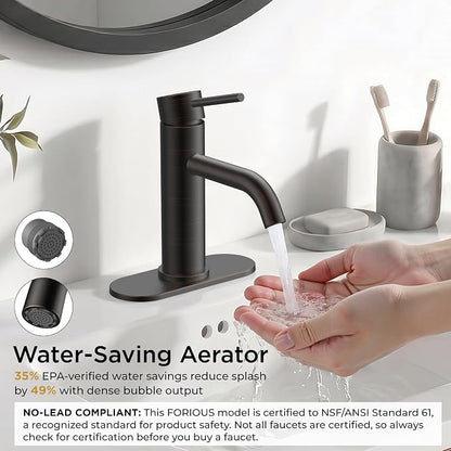 FORIOUS Bathroom Faucet 1 Hole, Single Handle Vainty Sink Faucets Bronze | for 1 or 3 Hole 4 Inch Centerset Sink, with Pop-up Drain, NSF61 Certificate, for Rv Commercial Lavatory Restroom Basin