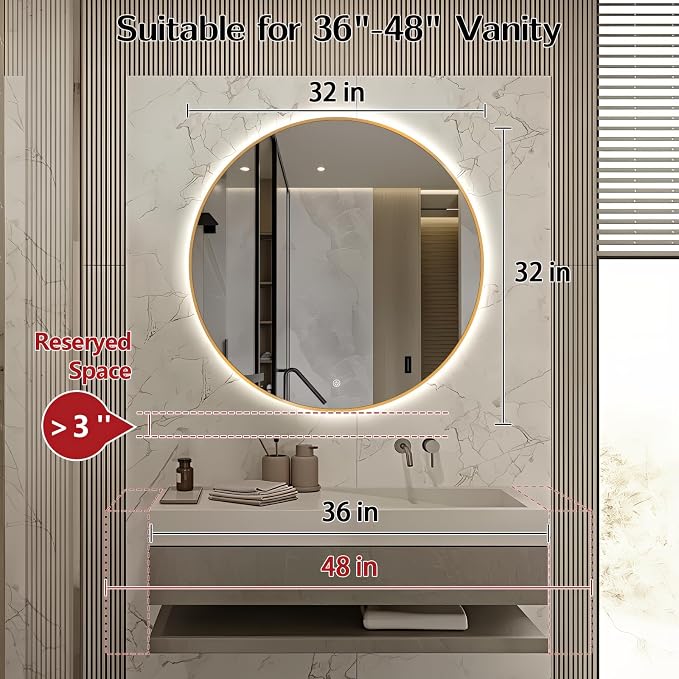 Niccy Round LED Bathroom Mirrors, Gold Framed Backlit Vanity Mirror, 32" | LED Smart Circle Mirror with 3 Color Lighting, Anti-Fog Lighted, IP65 Waterproof, Wall Mounted Bathroom Vanity