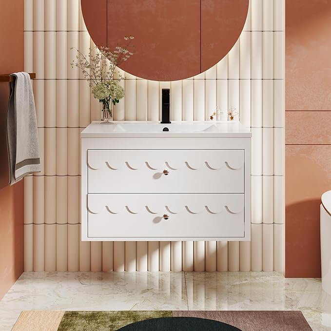 eclife 30" Floating Bathroom Vanity with Sink Combo, Modern Painted Wall-Mounted Vanities Storage Cabinet with Scalloped Decor, Undermount Basin, Faucet, Drain, White