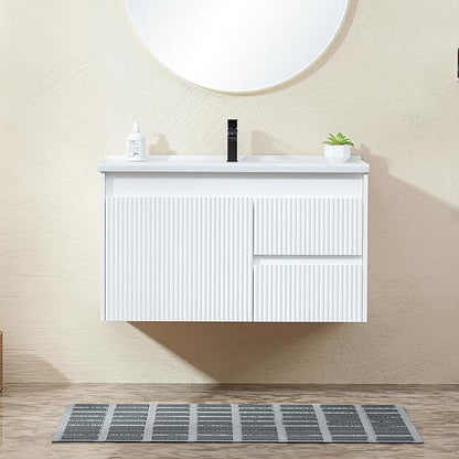Floating Bathroom Vanity 32 Inch, Wall Mounted Bathroom Vanity with Ceramic Sink and 2 Drawers for Storage, Modern Wave-Carved Design Wooden Sink Cabinet, White