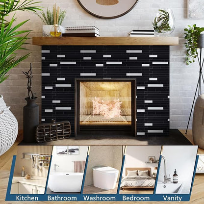 Yipscazo 2 Sheets Peel and Stick Stone Metal Backsplash, PVC Wall Tiles Stick on Tiles for Backsplash Kitchen, Bathroom, Fireplace (6'' X 12'', Black)