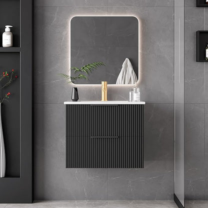 Pipleo 24" Bathroom Vanity Cabinet with Sink and Faucet, Wall Mounted Floating Bathroom Vanity with 2 Big Drawer and Metal Handles (Black, 24")
