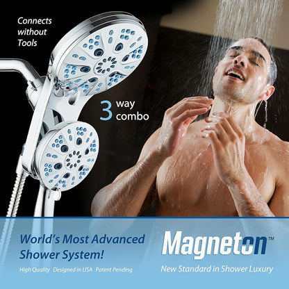 AquaCare Magneton 48-Mode High Pressure Rain & Handheld Shower Head Combo | Space-age Magnetic Guidance Docking, Dual 6-mode Heads with Hygienic Jets, Extra-long 6 ft. Stainless Steel Hose / Chrome