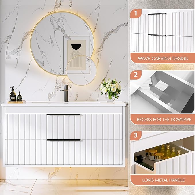 36" Bathroom Vanity with Sink, Floating Vanity Bathroom Sink Cabinet Wall Mount, Soft-Close Function 2 Large Drawers, Grooved Stripe Design, Hidden Damping Drawers, White
