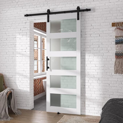 SMARTSTANDARD 30" x 84" Glass Barn Door with 5FT Hardware Kit Included | 5-Panel Glass, DIY Assembly Required, Waterproof PVC Coating, Pure White
