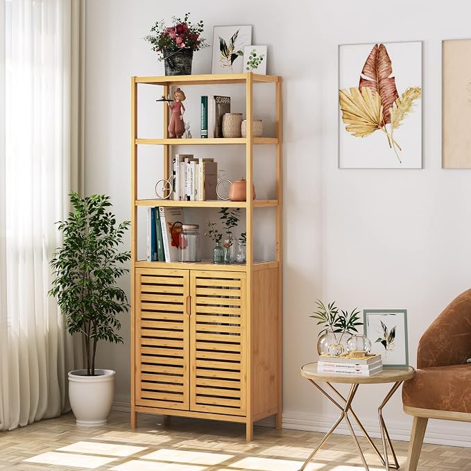 66" Tall Bathroom Storage Cabinet, Natural Bamboo Cabinet, for Narrow | Bathroom Floor Cabinet with 2 Doors & 4-Tier Open Shelves, Corner Freestanding Organizer Unit for Bath, Living Room, Entryway