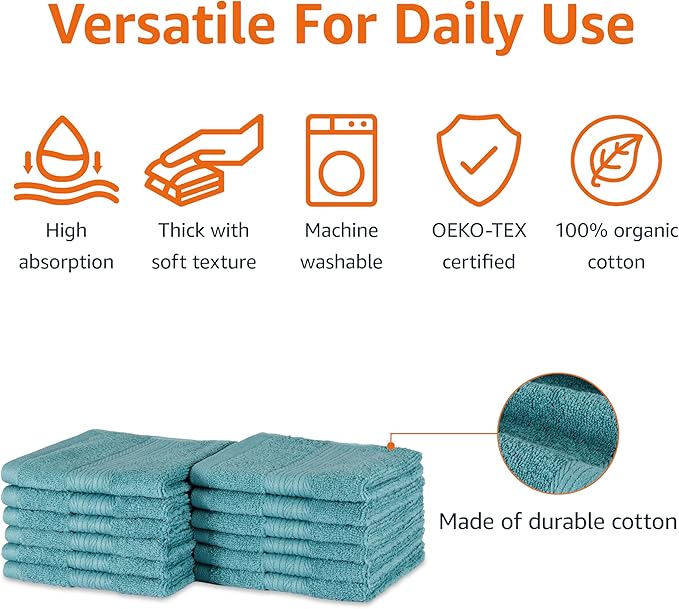 Amazon Basics Highly Absorbent, Fade-Resistant 100% Cotton Washcloths, Machine Washable, 12"x12", Teal, 12-Pack