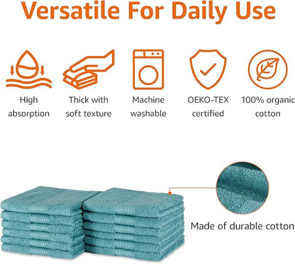 Amazon Basics Highly Absorbent, Fade-Resistant 100% Cotton Washcloths, Machine Washable, 12"x12", Teal, 12-Pack