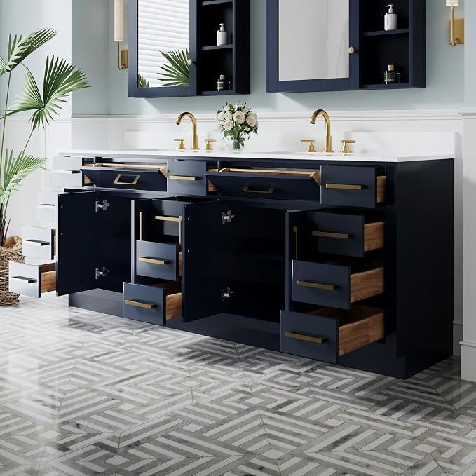 84-Inch Bathroom Vanity with Double Sinks W/ 4 Doors & 12 Drawers & 2 Flip Drawers, Navy Blue Vanity W/Brushed Gold Handles