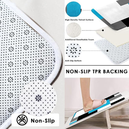 Bathroom Sets with Shower Curtain and Rugs, 4 Pcs, Blue Geometric | Checkered Modern Abstract Bathroom Decor Set with Toilet Lid Cover, Non-Slip Bath Mats and Accessories 12 Hooks