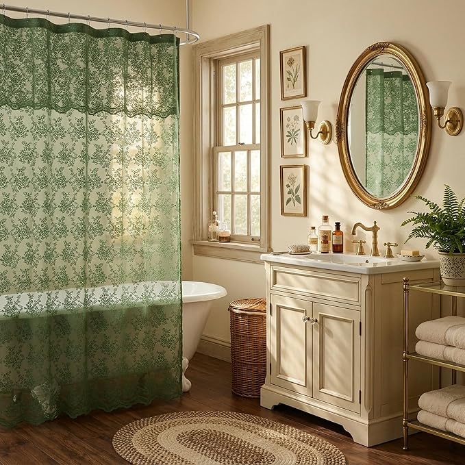 Green Lace Shower Curtain 72x84, 84 Inches Long with Attached Valance | Scalloped Trim, Floral Lace Fabric, Sheer Shower Curtain for Vintage Cottagecore Tall Bathrooms, Machine Wash