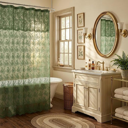 Green Lace Shower Curtain 72x84, 84 Inches Long with Attached Valance | Scalloped Trim, Floral Lace Fabric, Sheer Shower Curtain for Vintage Cottagecore Tall Bathrooms, Machine Wash