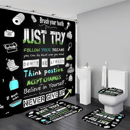 AZHM Black Inspirational Quotes and Positive Phrases Pattern Shower Curtain Set for Bathroom 4 Pcs Whimsical Design Bathroom Accessory Decor Sets with Shower Curtain and Rugs