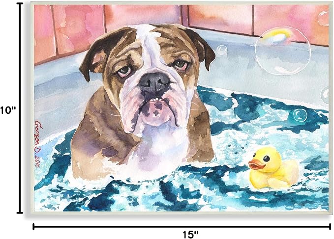 Stupell Industries 'English Bulldog In Bathtub Rubber Duck Bubbles', Wall Plaque Art, 15 x 10 Inches, Easy to Hang and Sturdy, Made in USA, by George Dyachenko