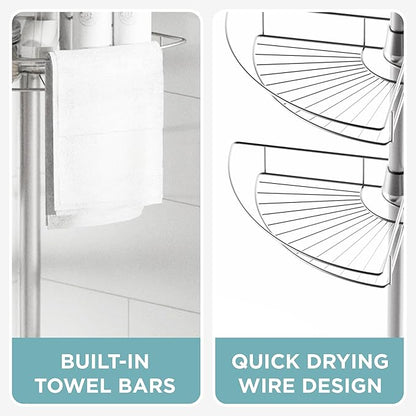 Zenna Home Tension Pole Shower Caddy Corner Organizer, Adjustable Standing Shower Caddy with 4 Baskets and Towel Bar, Rust Resistant Bathroom Tension Rod Organizer, 60 to 97 Inch, Satin Nickel