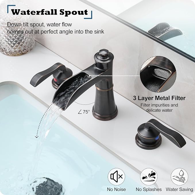 4-16 Inch Widespread Faucet Bronze Waterfall Bathroom Faucet 3 Hole Bathroom Sink Faucet, Brass Bath Faucets for Sink Two Handle Vanity Faucet with Drain and Supply Water Hose