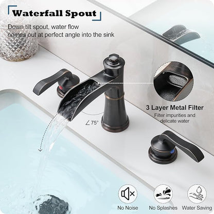 4-16 Inch Widespread Faucet Bronze Waterfall Bathroom Faucet 3 Hole Bathroom Sink Faucet, Brass Bath Faucets for Sink Two Handle Vanity Faucet with Drain and Supply Water Hose