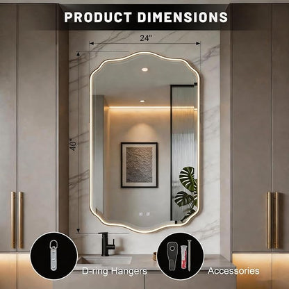 POZINO 40"x24" Scalloped LED Bathroom Mirror with Lights, Gold Metal Frame | Beveled Edge, 3 Color Dimmable, Anti-Fog, Memory Function, IP65 Waterproof, Smart Bathroom Vanity Mirror with Front Lights