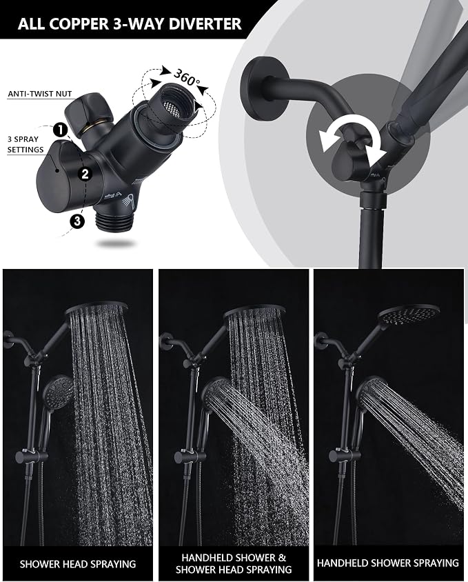 PDPBath High Pressure Rainfall Shower Head with Handheld Combo, 10 Setting Handheld Shower Head, Dual Handheld Shower Head Combo with Slide Bar for Easy Reach, Matte Black