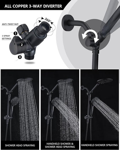 PDPBath High Pressure Rainfall Shower Head with Handheld Combo, 10 Setting Handheld Shower Head, Dual Handheld Shower Head Combo with Slide Bar for Easy Reach, Matte Black