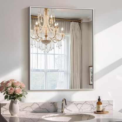 Bathroom Vanity Mirror for Wall, 24"x30" Bathroom Mirror for Over Sink | HD Shatterproof Glass, Rectangular Metal Frame, Horizontally or Vertically, Mirror for Bathroom, Living Room, Entryway,Silver