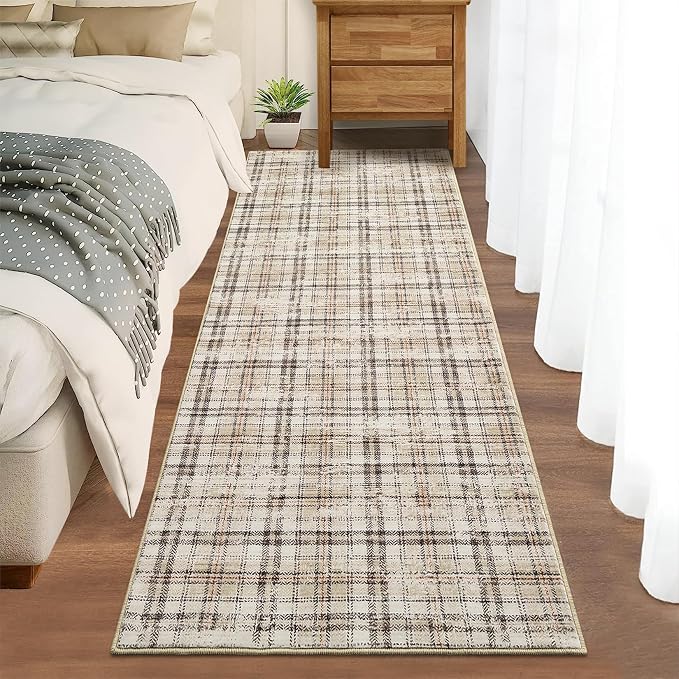 Washable Runner Rug 2x8 Modern Entryway Rug Tartan Plaid Non Slip Kitchen Rugs Farmhouse Bedroom Area Rug Hallway Runners Soft Bathroom Rugs Stain Resistant Carpet 2'x8' Green/Beige