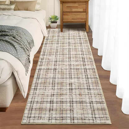 Washable Runner Rug 2x8 Modern Entryway Rug Tartan Plaid Non Slip Kitchen Rugs Farmhouse Bedroom Area Rug Hallway Runners Soft Bathroom Rugs Stain Resistant Carpet 2'x8' Green/Beige