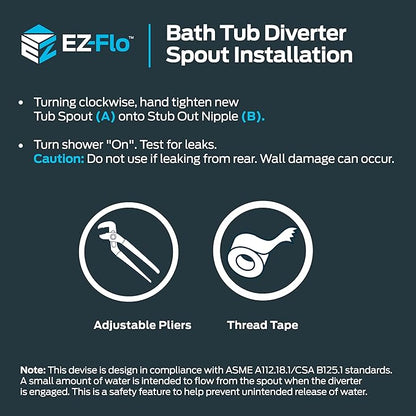 EZ-FLO 5-3/8 Inch Nose Diverter Tub Spout, 1/2 Inch IPS Connection, Chrome Finish, 15083