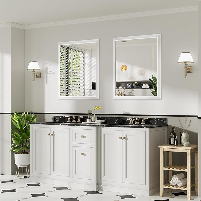 36x30 Inch White Bathroom Mirror for Wall, Thick Metal Framed Rectangle Mirrors for Over Sink, Bedroom, Living Room, Entryway, Anti-Rust, HD Tempered Glass