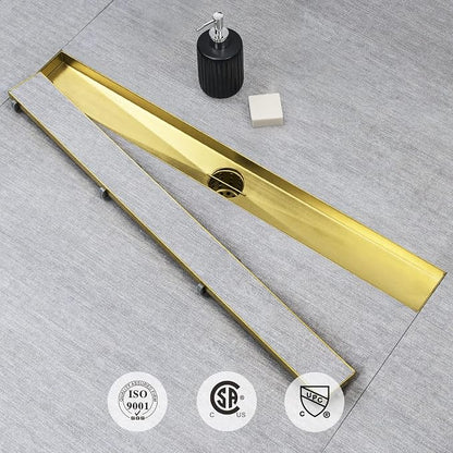 SaniteModar Linear Shower Drain 16 inch Brushed Gold with Tile Insert Panel | AISI 304 Stainless Steel Brushed Gold Linear Dain Rectangle Shower Floor Drain with Hair Strainer and Leveling Feet