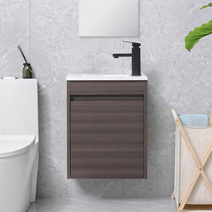 16" Bathroom Vanity Sink Combo for Small Space, Wall Mounted Bathroom Cabinet Set with White Resin Basin Sink Top Black Faucet Pop Up Drain Dark Walnut