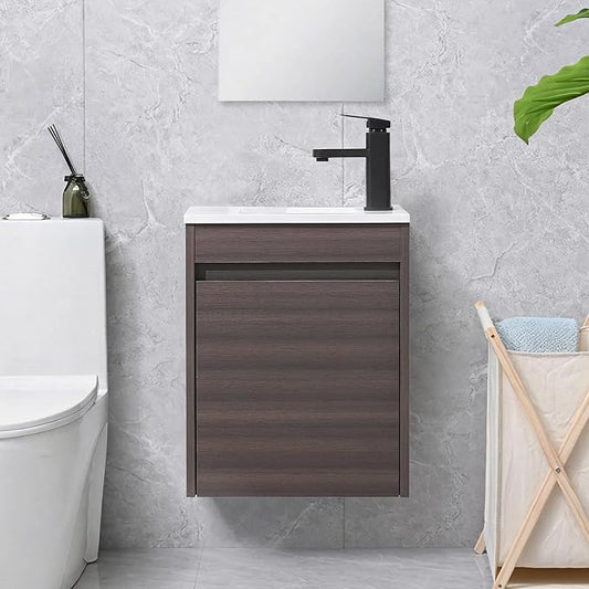 16" Bathroom Vanity Sink Combo for Small Space, Wall Mounted Bathroom Cabinet Set with White Resin Basin Sink Top Black Faucet Pop Up Drain Dark Walnut