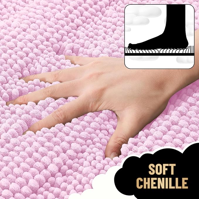 OLANLY Thick Bathroom Rugs 30x20, Soft Chenille Striped Bath Rugs, Pink | Rubber Backing, Machine Wash, Extra Absorbent Bath Mats for Bathroom Floor, Tub and Shower, Home Decor Accessories