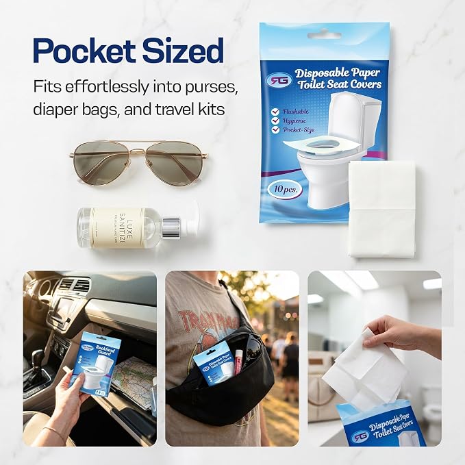 Rockland Guard Disposable Toilet Seat Covers - Flushable Paper Travel Pack - 200 Count (20 Resealable 10-Packs) - Portable Potty Training & Bathroom Hygiene Essentials for Adults & Kids