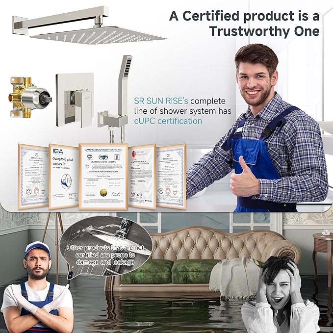 SR SUN RISE Shower Faucet Set & System - 12 Inch Rainfall Shower Head & Handle Set Wall Mounted Brushed Nickel Solid Brass Valve Trim Kit Included