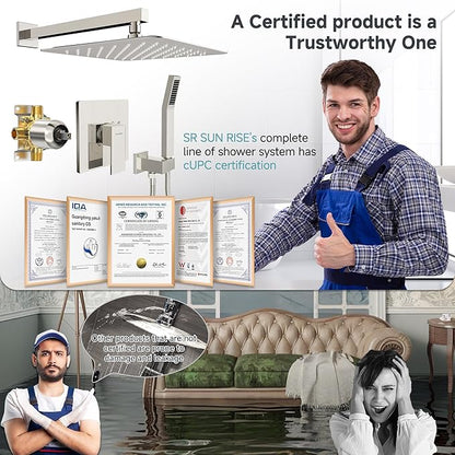 SR SUN RISE Shower Faucet Set & System - 12 Inch Rainfall Shower Head & Handle Set Wall Mounted Brushed Nickel Solid Brass Valve Trim Kit Included