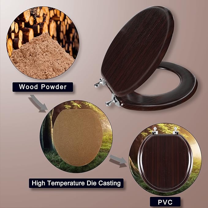 Round Toilet Seat Molded Wood Toilet Seat with Zinc Alloy Hinges, Easy to Install also Easy to Clean, Anti-pinch Wooden Toilet Seat by Angol Shiold (Round, Dark Brown)