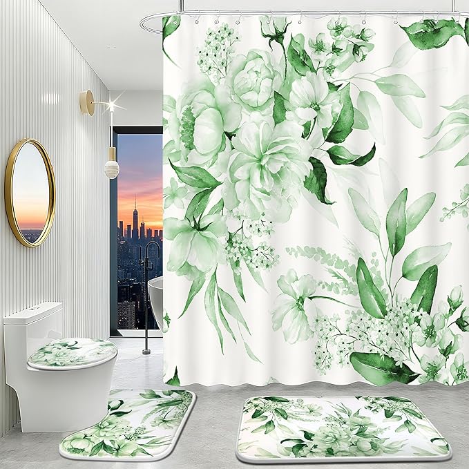 16 Pcs Sage Green Floral Shower Curtain Set with Rugs, Flower Bath Curtains and High Absorbent Non-Slip Mats, Thick 120GSM Fabric Curtain with 12 Metal Hooks (72x72 Inch)